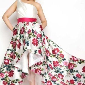 Mac Duggal White Multi Color Floral Design High Low Formal Prom Gown Siz…